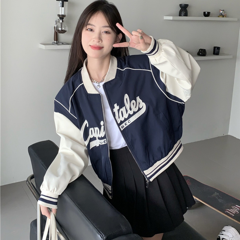 Embroidered Baseball Jacket for Women, Autumn Loose Short Long-Sleeve Jacket, Trendy Retro Style, Casual Street Fashion