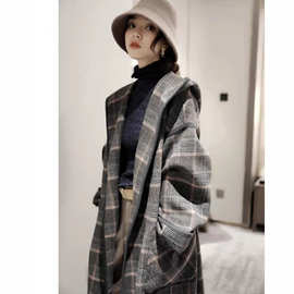 日系冬季气质洒脱英伦风格纹手工双面羊毛长款连帽修身大衣外套女