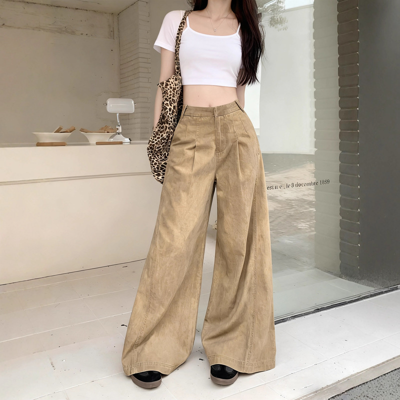 Khaki Wide-Leg Loose High-Waisted Jeans for Women, Petite Size, Slimming Straight Wide-Leg Pants