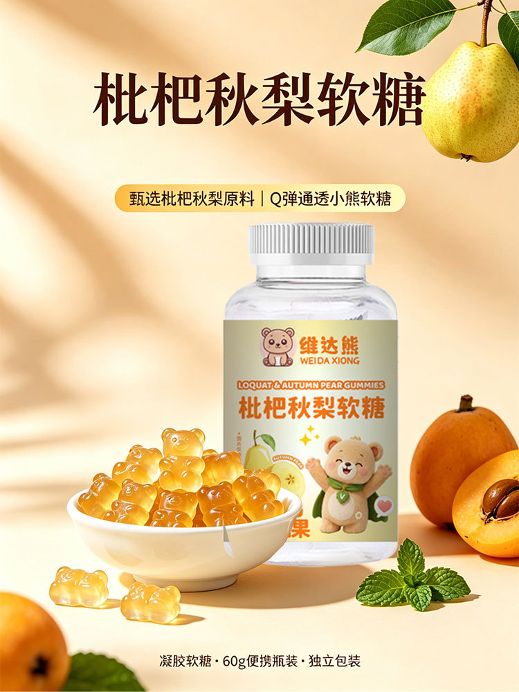 Loquat & Pear Gummy Candy (枇杷秋梨软糖) — Herbal-Inspired Fruit Gummies, 60g Bottle key features