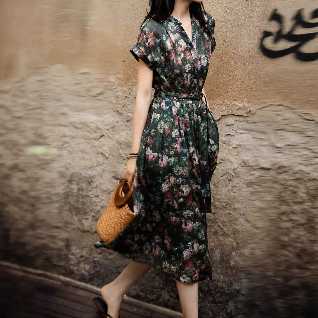 苎麻艺术印花三件套裙子女夏连衣裙半身裙C0658衬衫短袖上衣套装