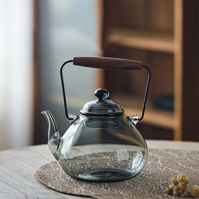 围炉煮茶日式黑胡桃木把提梁壶高硼硅耐热玻璃创意梨形沸水壶