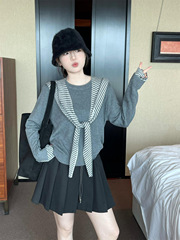 学院风灰色条纹披肩长袖针织衫女秋季韩系穿搭chic别致慵懒风上衣