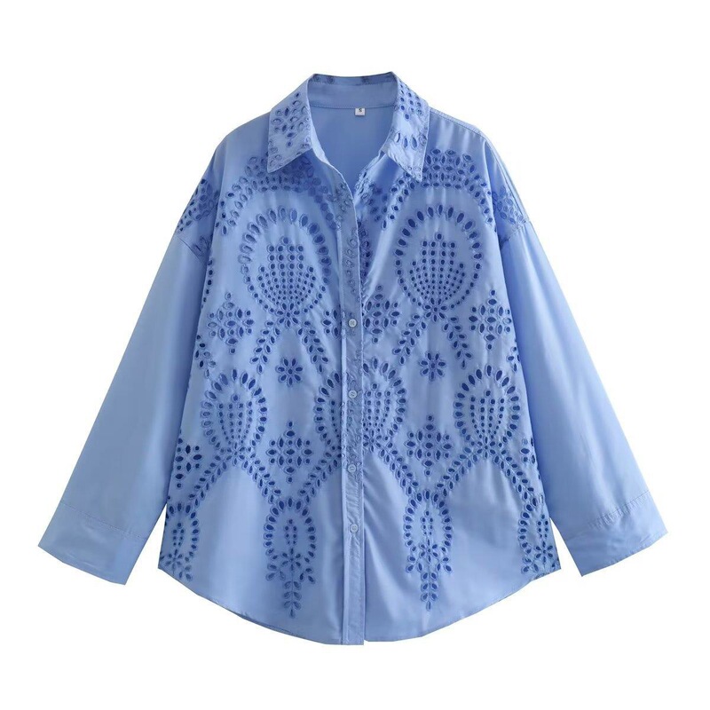 Za&Hm Fashion Women's Shirt 2023 Summer New Style Lapel Retro Casual Loose Cut Out Embroidered Shirt Za&Hm Fashion Women's Shirt 2023 Summer New Style Lapel Retro Casual Loose Cut Out Embroidered Shirt