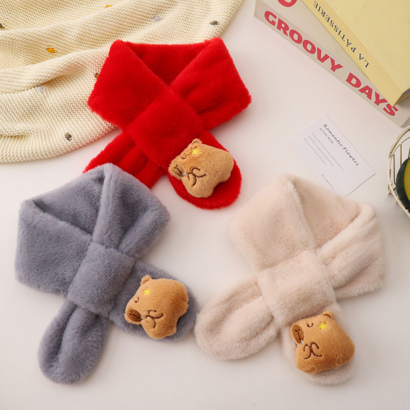 Ins Style Embroidered Bear Soft Plush Scarf Autumn and Winter Girly Heart Versatile Thickeneded Cute Cartoon Scarf