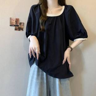 Spliced ​​Contrast Color Puff Sleeve Shirt Summer New Plus Size Women's Round Neck Fashion Slim Short-Sleeved Shirt Women's Top