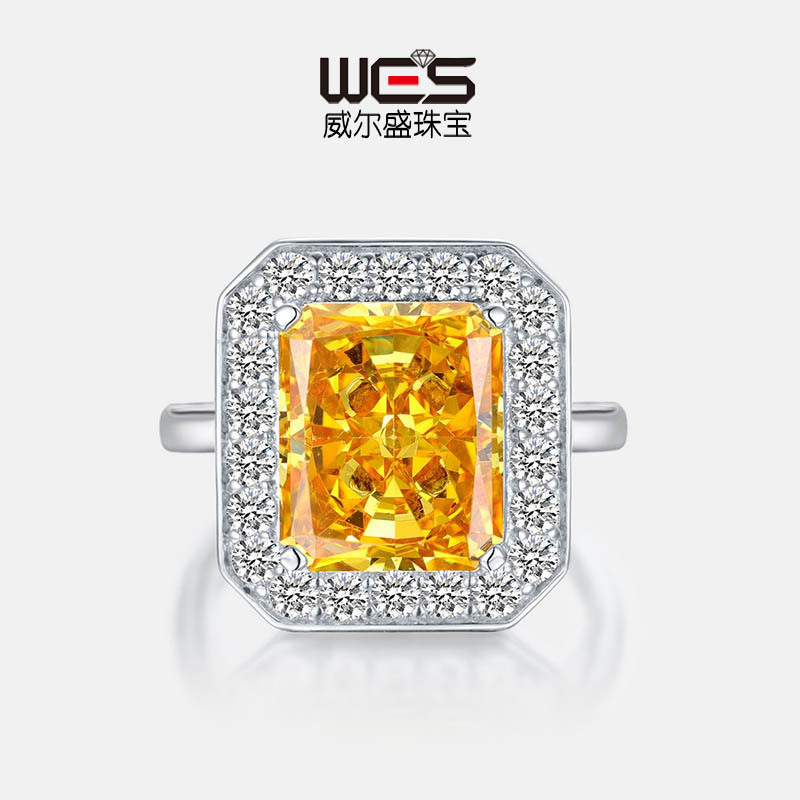 Wilsheng transfronterizo especial S925 plata llena de diamantes con incrustaciones de mujeres anillo rectangular de hielo corte flor aguamarina anillo de diamantes de alto carbono