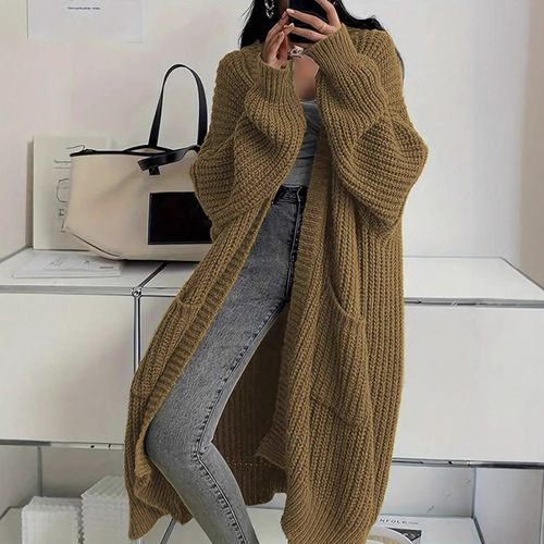 Korean style long over-knee sweater cardigan for women in autumn and winter new lazy style loose thickened knitted jacket for women