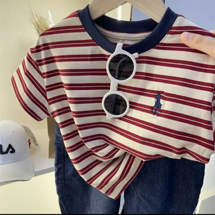 in stock Boys Short Sleeve Top high quality Combed Cotton Fabric Children's Summer Striped Embroidered Fashion T-Shirt Fashionable for Kids