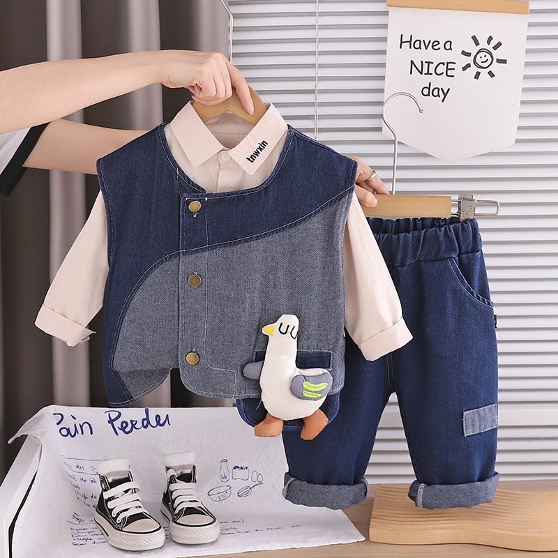 Boys Patchwork Denim Vest Clothing Set With Cartoon Duck Pattern_voghion.com