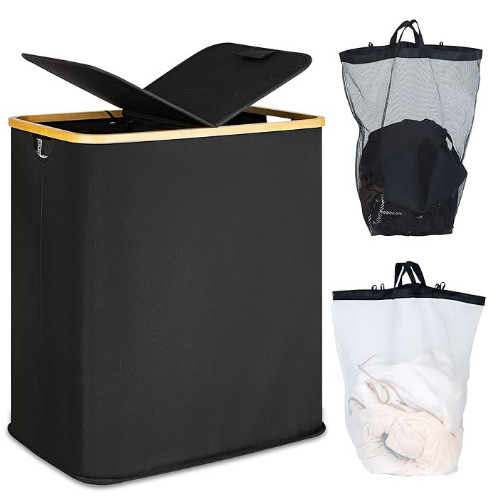 Artefact de almacenamiento para el hogar Tela de bambú de doble apertura Cesta de ropa sucia Cesta de almacenamiento simple y de gran capacidad Cesta de ropa sucia de doble compartimento