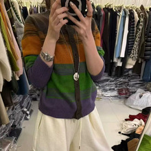 条纹拼色撞色圆领2025年秋季新款韩系百搭显瘦针织开衫毛衣上衣女