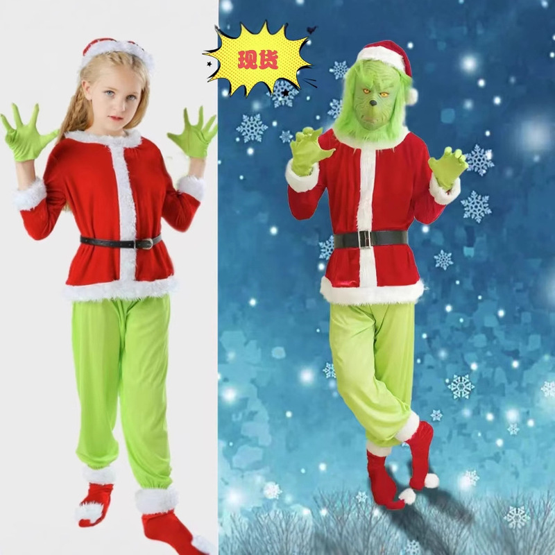 European and American Christmas Clothing for Adults and Kidsren, Green-Haired Monster Grinch Costume, Mask, Hood, Party Costume