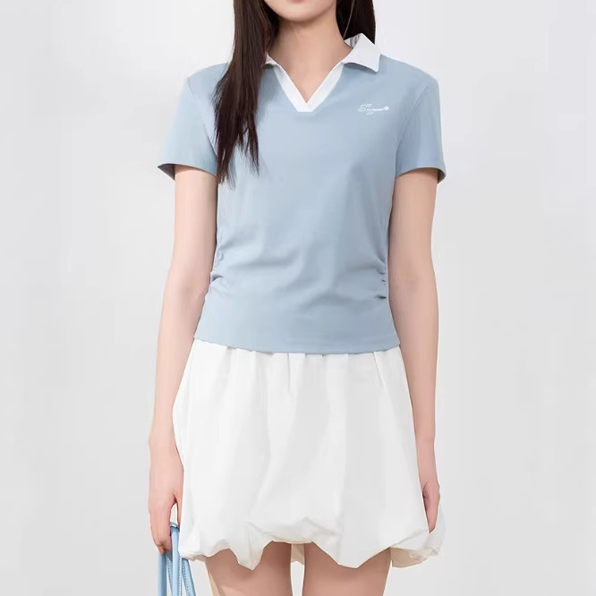2026 Summer New Style Light Blue Sweet Waist-Cinching Top with Polo Collar Short-Sleeve T-Shirt for Women