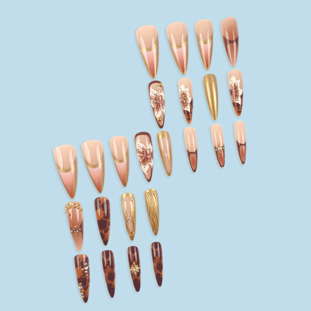24 piezas de uñas postizas iridiscentes con relieve, arte floral 3D chapado en oro con pedrería, piezas de uñas de alta gama para comercio exterior, uñas postizas. image 4