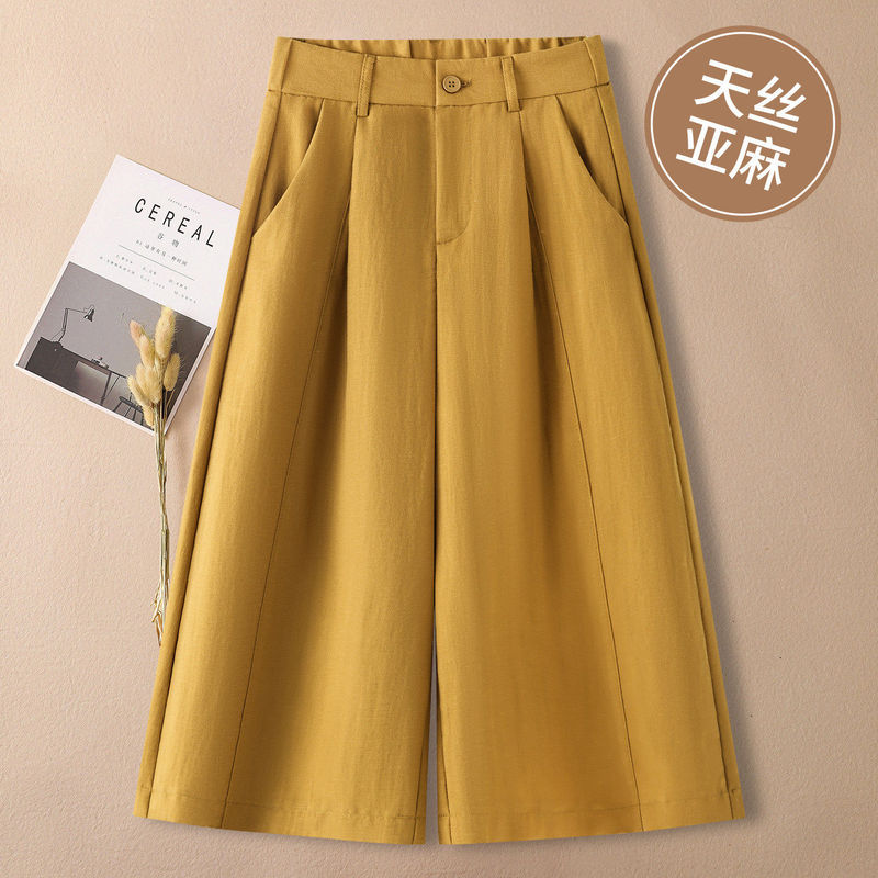 High-End Yellow Linen Wide-Leg Pants for Women, Summer Thin Style, 2026 New Model, Ice Silk Cropped Pants, Casual Cotton-Linen Pants, 7/8 Length Pants