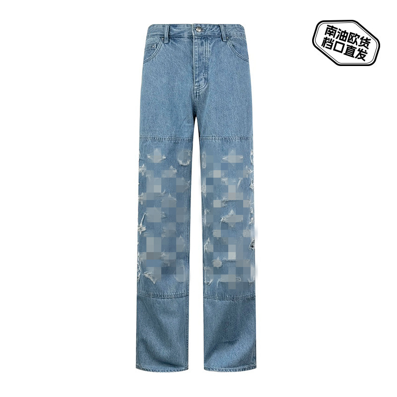 Nanyou LJ2024 Autumn and Winter New LOGO Tear Embroidered Men's and Women's Loose Jeans Straight Washed Casual Pants