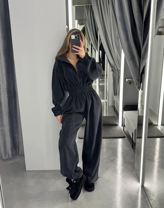 跨境休闲欧美连体衣摇粒绒女装纯色长袖拉链立领松紧腰阔腿连体裤|undefined