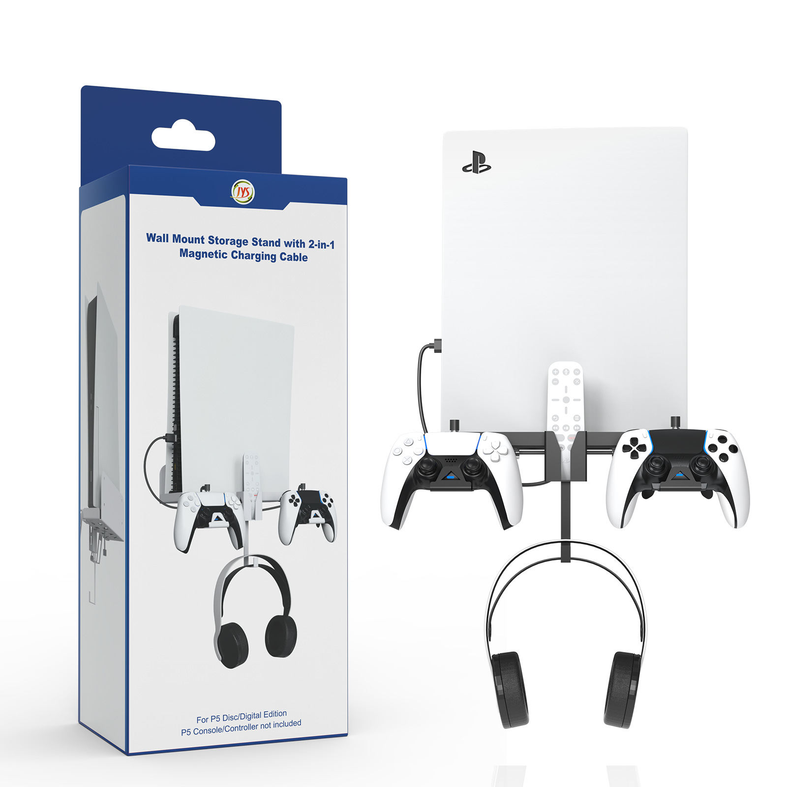 Soporte de pared para consola PS5 compatible con consola PS5 con asa, cable de carga y accesorios de juego.