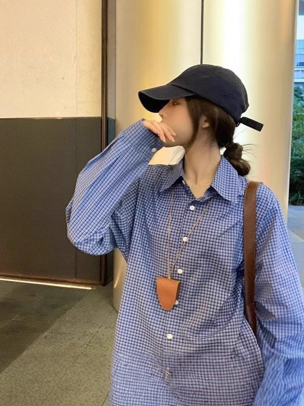 蓝色格子Polo领衬衫春秋季新款宽松开衫防晒长袖百搭显瘦上衣外套|undefined