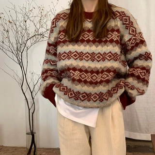 宽松休闲菱格提花毛衣外穿慵懒风秋冬韩系新款针织衫女式圆领毛衫