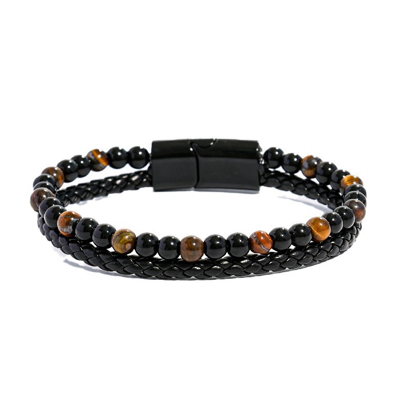 Longhe nuevos hombres europeos y americanos de aleación de cuero cuerda pulsera de piedra natural doble piedra de ojo de tigre piedra volcánica pulsera de cuentas