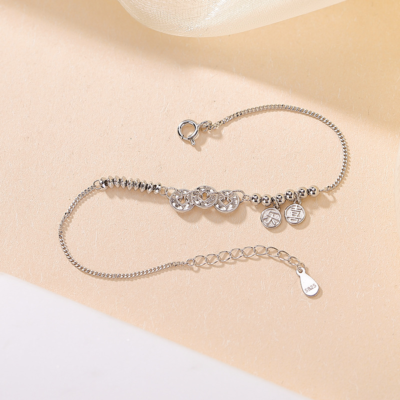Vòng tay bạc S925 mạ vàng hạt đồng tiền Hỷ Lạc thời trang tinh tế — Loại bạc