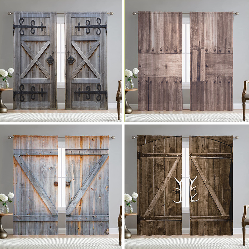 Cross-border barn wooden door screen curtain Amazon retro nostalgic wooden board country non-perforated bay window living room window screen curtain