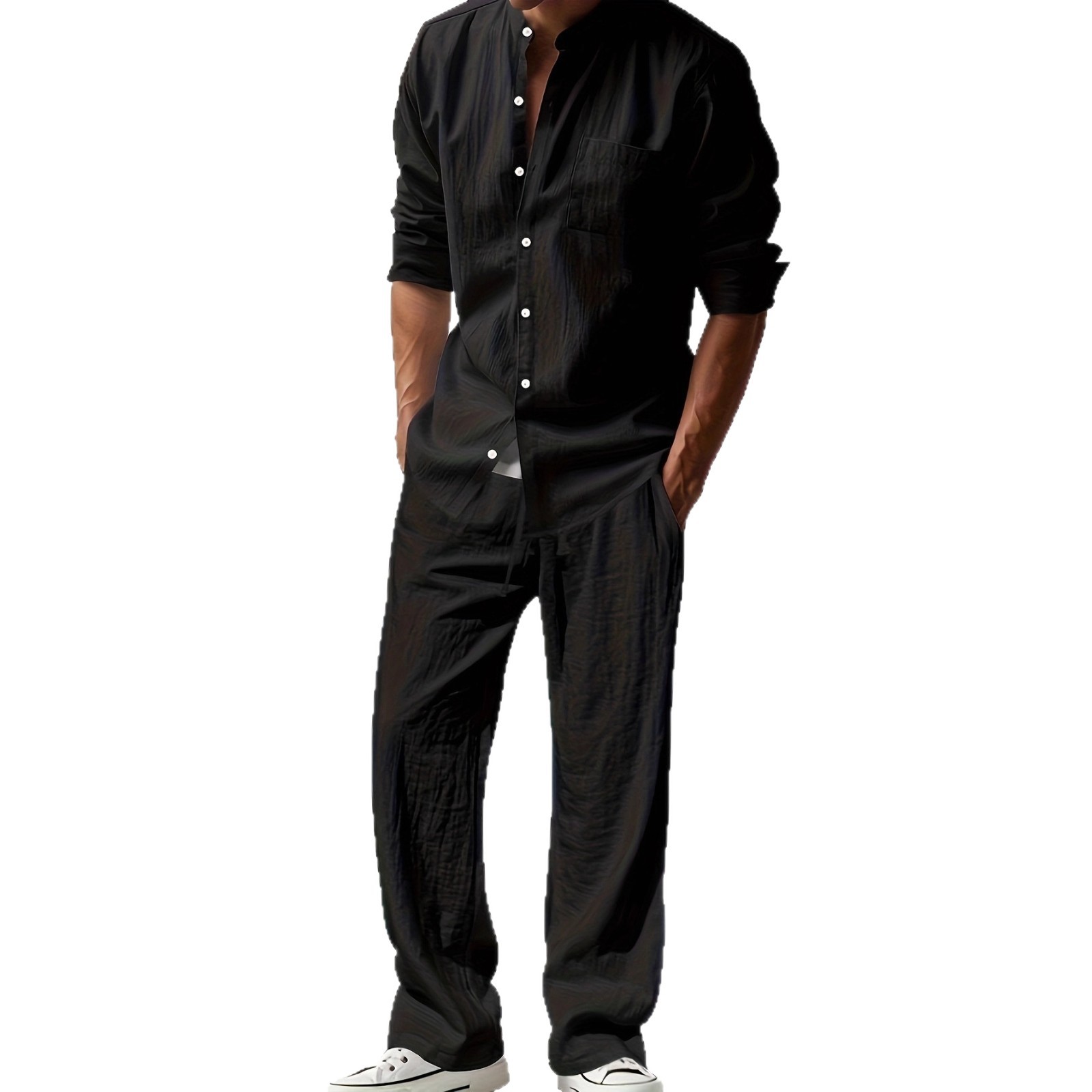 Men's Casual Linen Shirt And Trouser Set All-Season Breathable Loose Fit Long-Sleeved Versatile Cool American Style_viptrois.com
