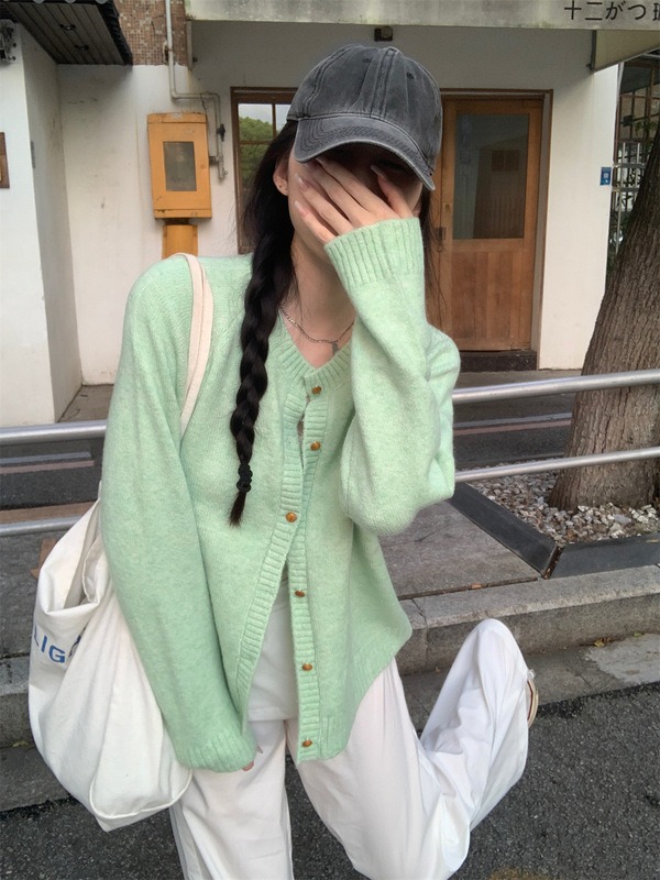 好物2025秋季韩版慵懒宽松圆领纽扣甜美针织开衫长袖外套毛衣女装|undefined