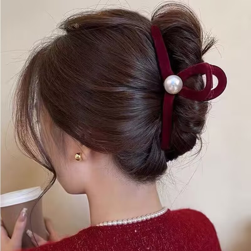 Flocked red criss-cross hair claw clip with pearl accent