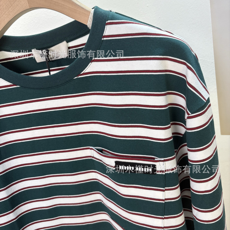 In-Stock Nanyou High Version ~ 25 Autumn and Winter New Miu Outfit Striped Pocket Crew Neck Loose Pullover Long-Sleeve T-Shirt