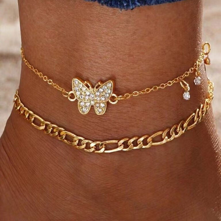 European and American simple diamond encrusted butterfly anklet women's summer niche double-layer ins cold style design personality versatile foot ornaments