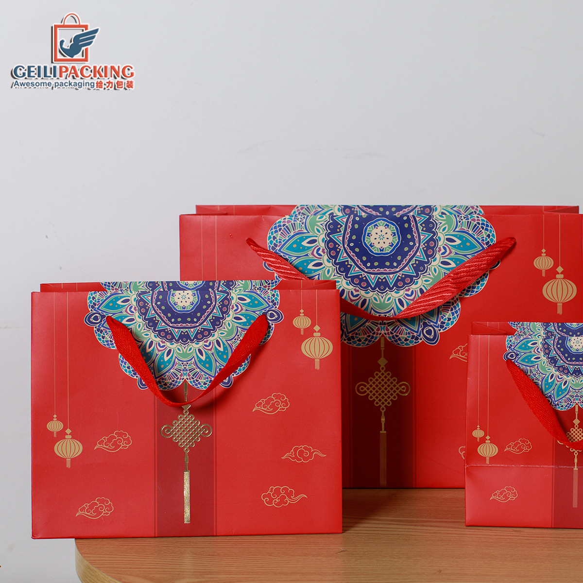 Bolsa de regalo de Año Nuevo Chino rojo estilo de moda nacional bolso del año dragón chino nudo de papel bolsa tienda de ropa Festival regalo bolsa al por mayor