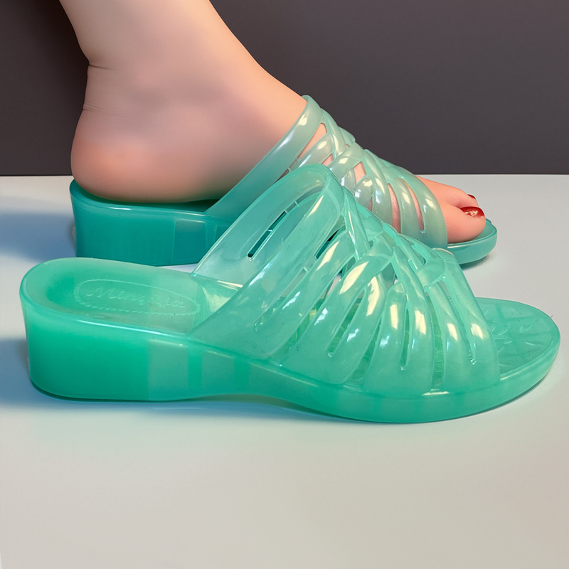 Crystal Sandals for Women, Medium Heel, Transparent Women's Summer Non-Slip Outer Wear Sandals, Home Wedge Heel Thick-Soled Bathroom Sandals