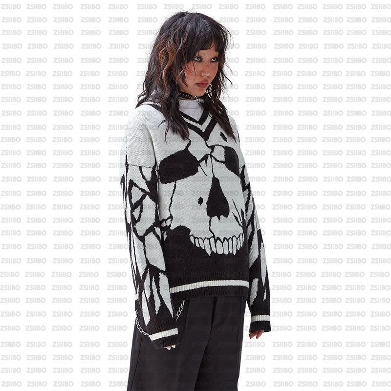 Men's Clothing casual lazy style pullover sweater for men and women funny skull jacquard knitted sweater_voghion.com