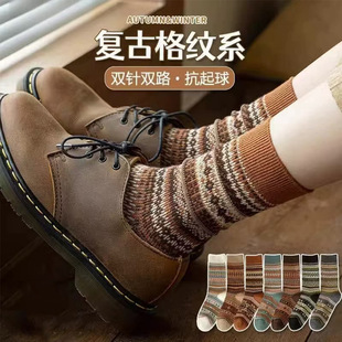 New Socks for Women in Autumn and Winter Pile Socks Japanese Style Retro Mid-Calf Stockings Ethnic Style Double-Needle Double-Way Maillard Color