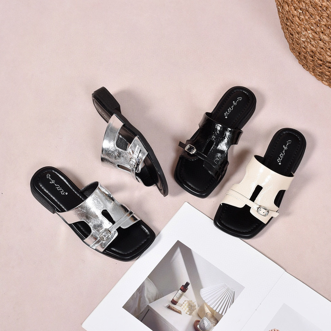 Dép sandal nữ da thật đế bệt xỏ ngón mũi hở phong cách hè — đen chi tiết 3