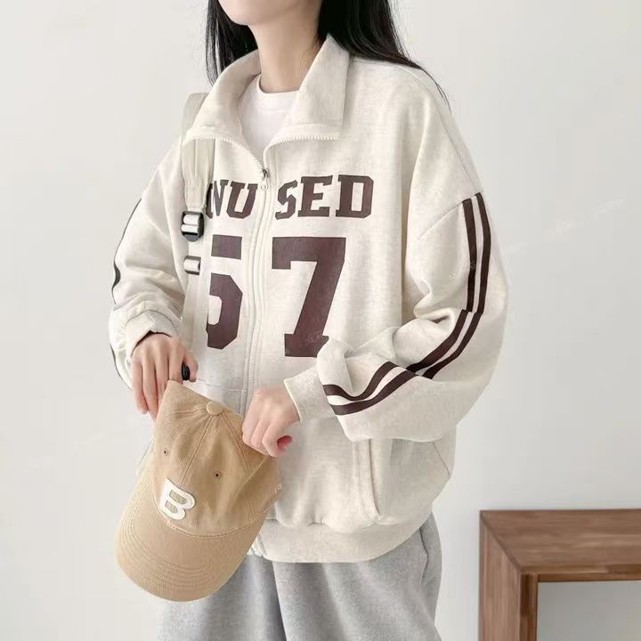 韩版高街两条杠插肩立领开衫卫衣女款2025新款设计感小众情侣外套