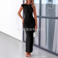ヨーロッパとアメリカの貿易クロスボーダー 2025 婦人服アマゾン春夏人気のノースリーブプリーツウエストドレスヒップカバースリムフィット