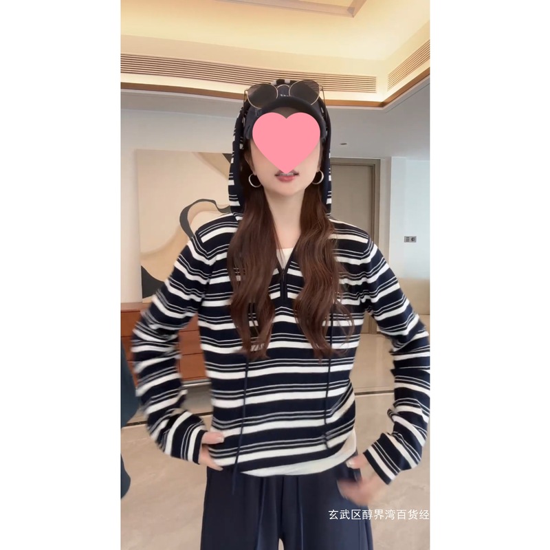 跨境2025条纹连帽假两件针织衫女秋季减龄显瘦内搭打底帽衫套头衣|undefined
