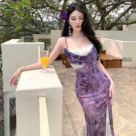 连衣裙夏季新款复古独特超好看收腰包臀吊带裙蕾丝长裙绝美吊带裙