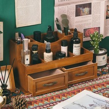 复古木制带抽屉可移动眉笔化妆品桌面收纳盒办公桌收纳笔筒