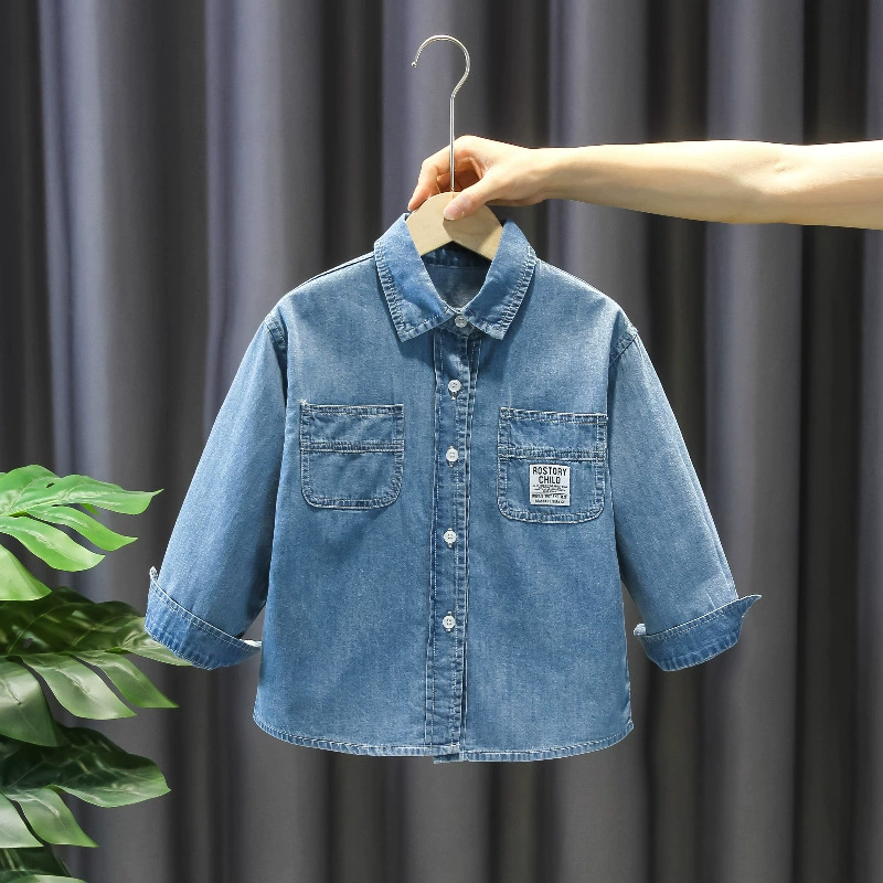 Хлопок может носить детские джинсовые рубашки Тонкий кардиган с длинными рукавами и лацканами рубашки для мальчиков хлопковые топы оптом