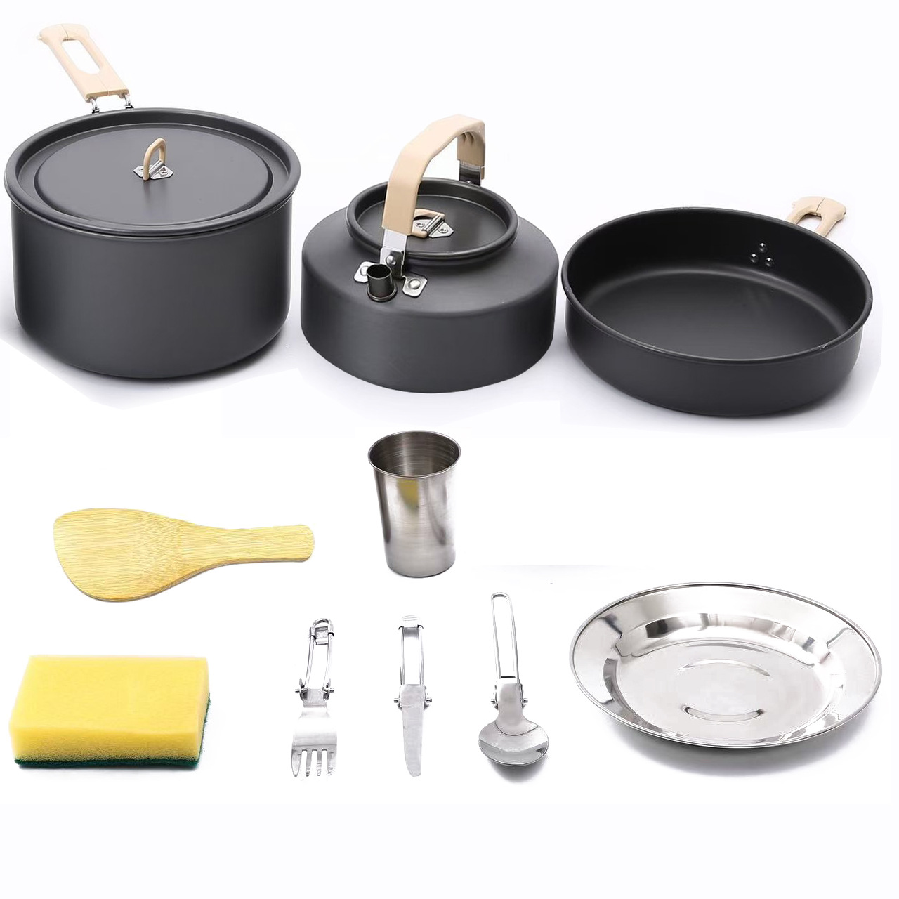 Factory Direct Supply Outdoor Pot Camping 3-4 Person Set Portable Folding Outdoor Cookware Pot with 1.1L Teapot Set