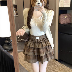 芭蕾风甜美蕾丝拼接荷叶边蛋糕裙早秋高腰显瘦a字蓬蓬防走光短裙