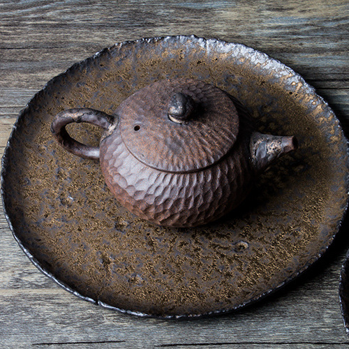 Handmade coarse pottery pot with retro saucer, gilt coaster, dry brewing tea table, cup holder, pot holder, small tea tray, Kung Fu tea accessories
