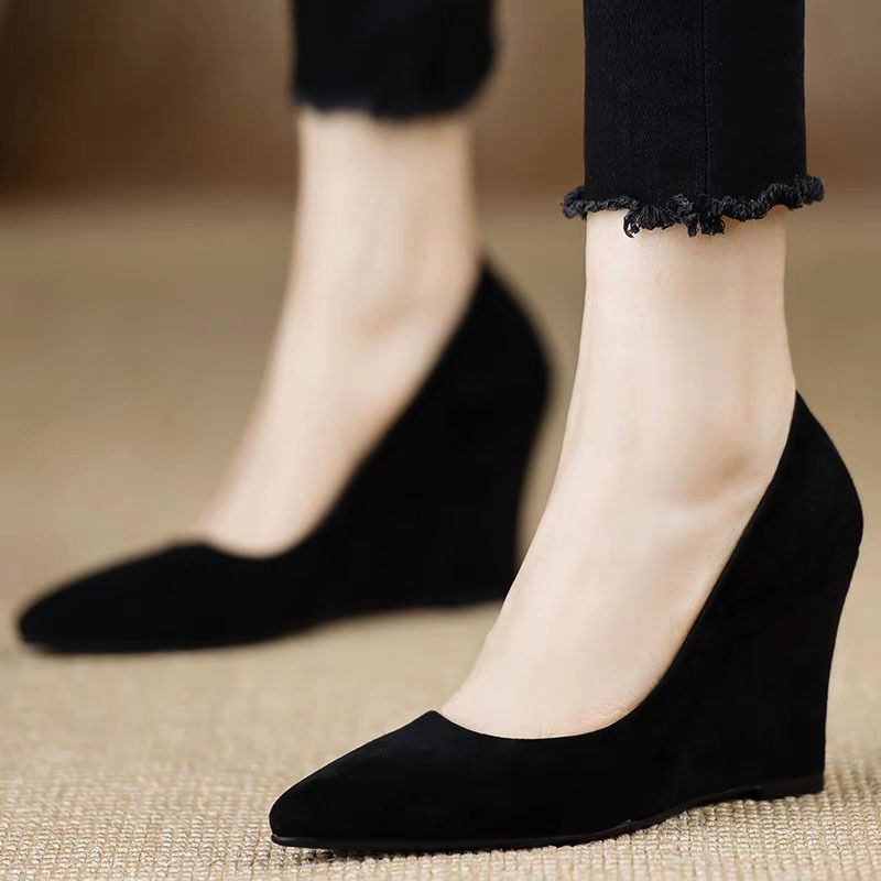 Wedge Single-layer Shoes Women's Spring and Autumn Shoes High-heeled Shoes Comfortable Professional Small Height-raising Thick-soled Lazy Commuter Women's Shoes