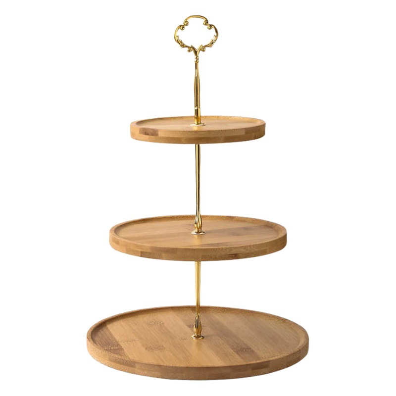 Madera de bambú plato de fruta de madera maciza Plato cuadrado postre estante redondo doble pastel plato de fruta de madera té de la tarde