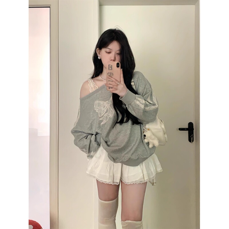 American-Style Lace Bowknot Off-Shoulder Gray Sweatshirt for Women 2025 New Loose Lazy Style Long-Sleeve Top American-Style Lace Bowknot Off-Shoulder Gray Sweatshirt for Women 2025 New Loose Lazy Style Long-Sleeve Top
